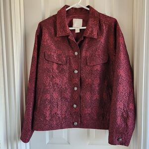 J. Jill Embossed Texture Brocade Trucker Jacket Size L Whimsigoth Burgundy Red